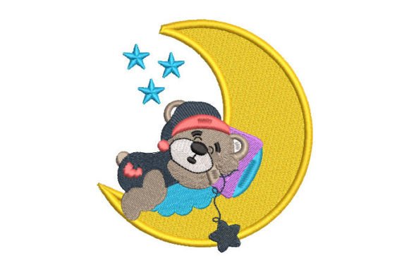 Baby Bear Sleeping on Moon with Stars Embroidery